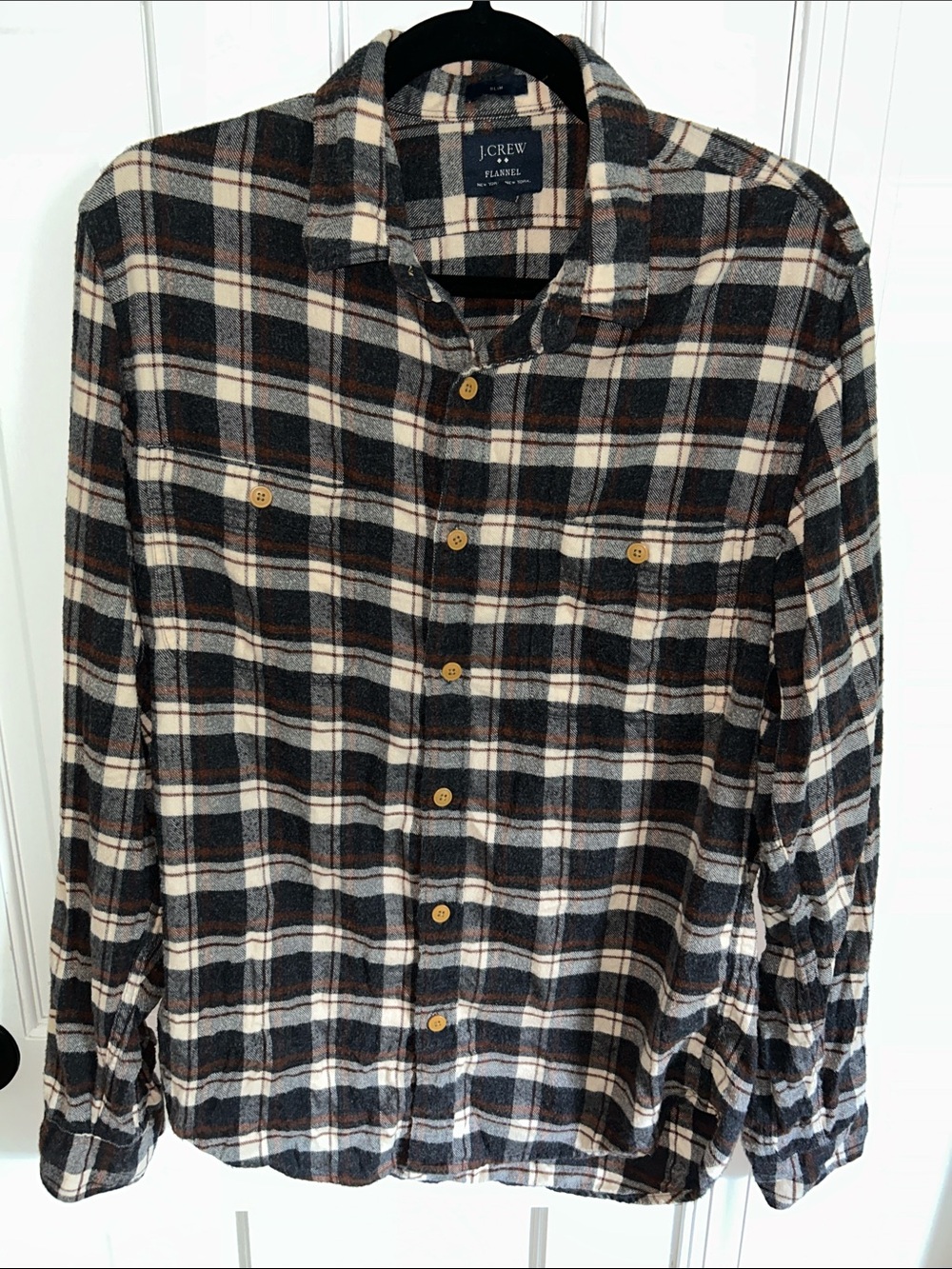 J. Crew Men's Black, Cream & Brown Plaid Button-Down Flannel Shirt